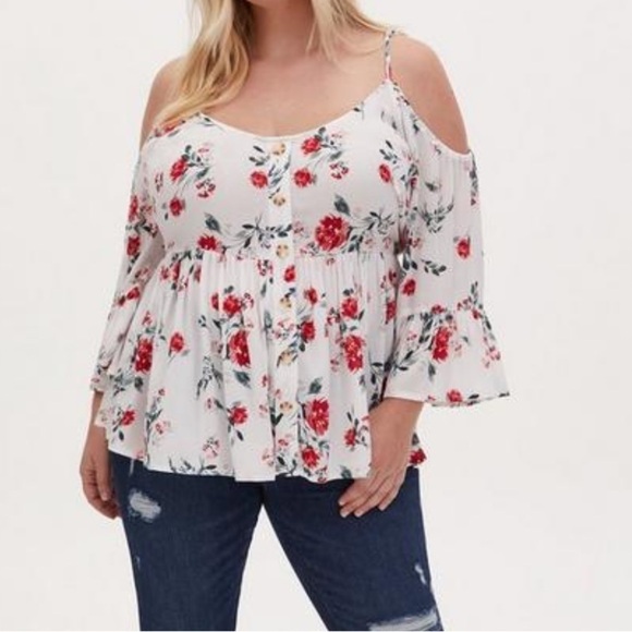 Rayon Crepe Bell Sleeve Cold Shoulder Top - Picture 2 of 13